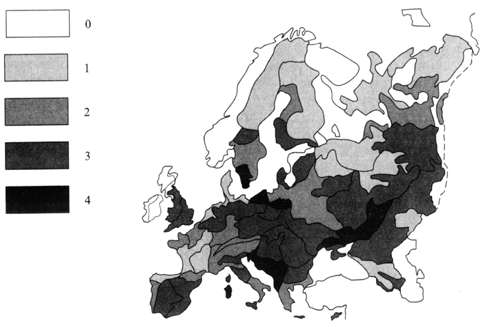 Рис. 12.5. Деградация почв в Европе. О - деградация отсутствует; 1 - слабодеградированные почвы; 2 - умеренно-деградированные почвы; 3 - сильнодеградированные почвы, 4 - очень сильно деградированные почвы