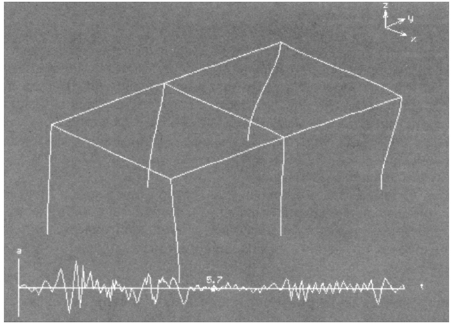 Рис. 4.26. Кадр кинограммы перемещений для t = 5.8 с и акселерограмма землетрясения Эль Центре (1949г.) и перемещение верхней точки консоли