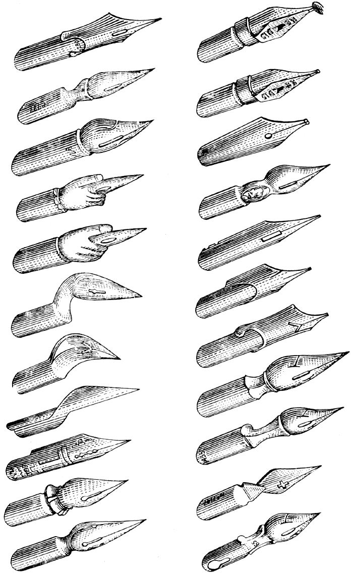 Различные типы металлических перьев