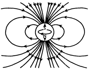Рис. 16.1 Схематическое изображение силовых линий магнитного поля Земли