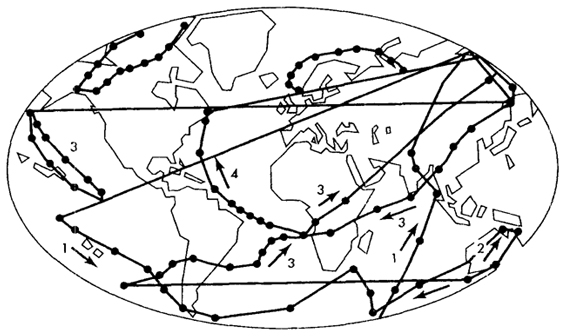 Рис.16.4 Пример движения геомагнитного полюса Скорость движения 10-15 см за тысячу лет (Channell J.Е.Т., Lehman В. Nature. 1997. V. 389).