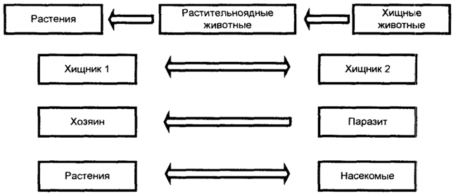 Рис. 25.2 Схемы, иллюстрирующие отношения внутри биоценоза: антагонизм (а), конкуренцию (б), паразитизм (в) и кооперацию (г)