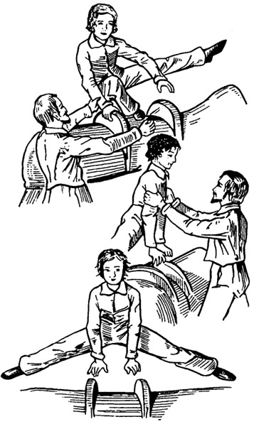 Преподаватель физкультуры помогает ученику в упражнениях на коне (из книги "Гимнастические упражнения" Э. Айзелена, 1845)