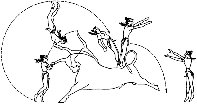 Сложное и опасное акробатическое упражнение с быком. Настенная роспись в Кносе (2-е тысячелетие до н.э.)