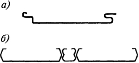 Рис. 10.21. Поперечные сечения реек для подвесных потолков типа ЛАП: а - рейки марки СА20; б - рейки (СА16) и нащельники (СА8)
