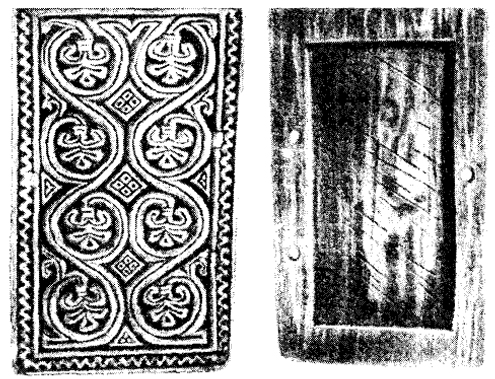 Орнаментированная дощечка XII в. для писания по воску. Оборотная сторона этой же дощечки: воском заполнена четырехугольная выемка