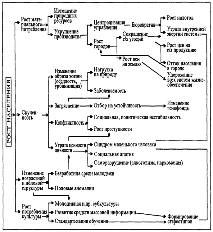 Рис. 13.4. Последствия роста населения (схема типа "модели эффектов"), из В.А. Красилова, 1992